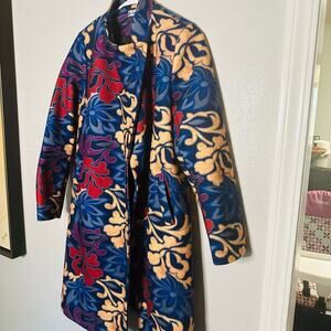 Vintage YaZhuang Floral Blue Tan Red Front Pocket Blazer Long Jacket Size Large